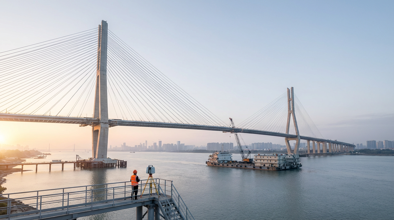 Engineer in orange vest and helmet using surveying equipment on a bridge at sunrise.