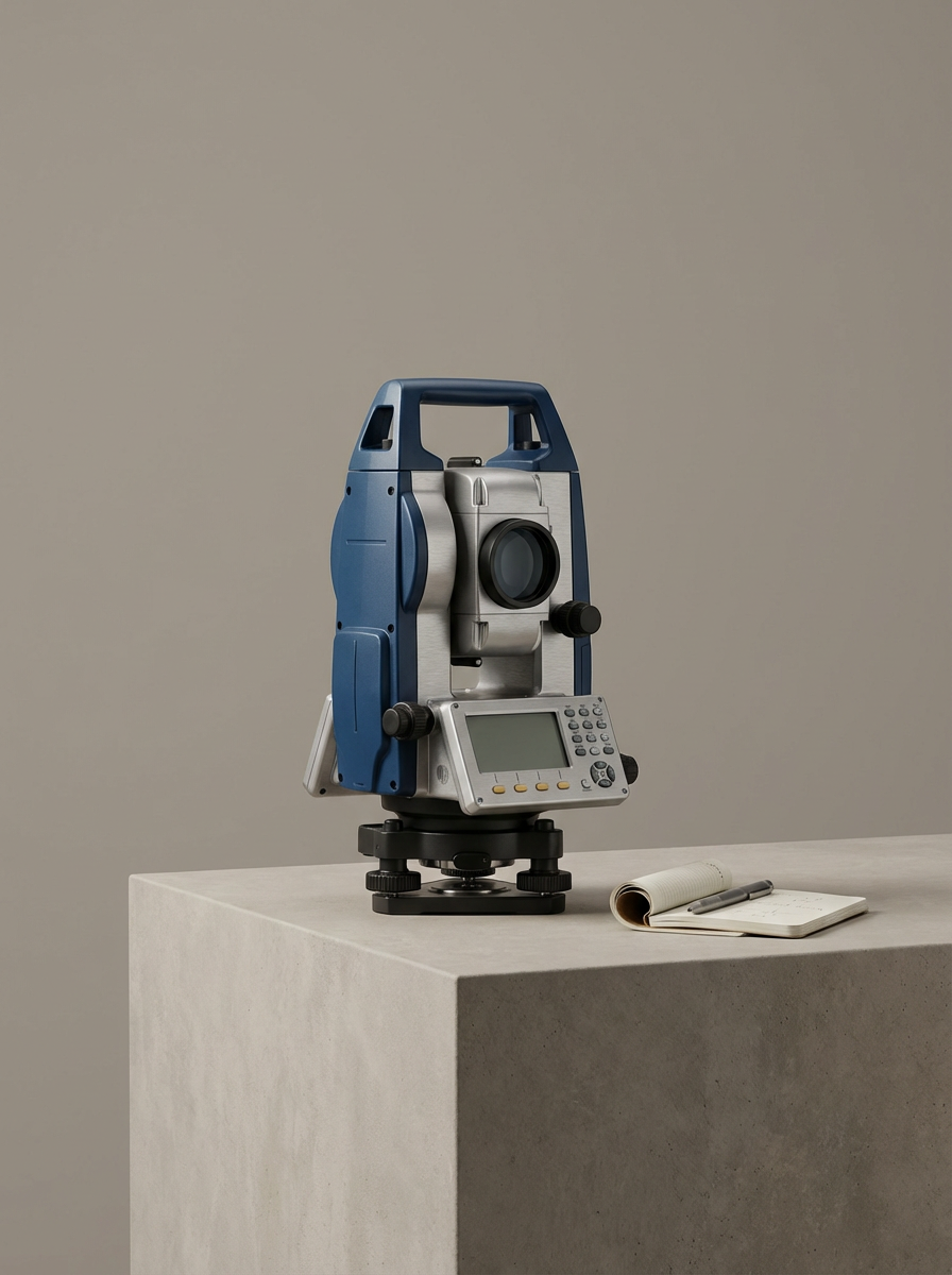 A theodolite on a concrete pedestal with a notepad and pen beside it, against a plain neutral background.