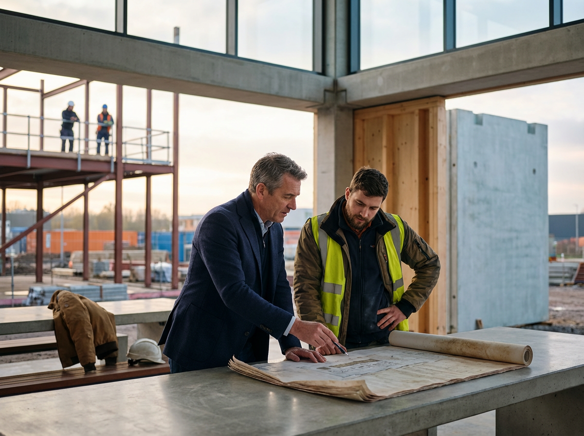 Two men are examining blueprints at a construction site with a building under construction in the background, including scaffolding and construction workers in safety gear.