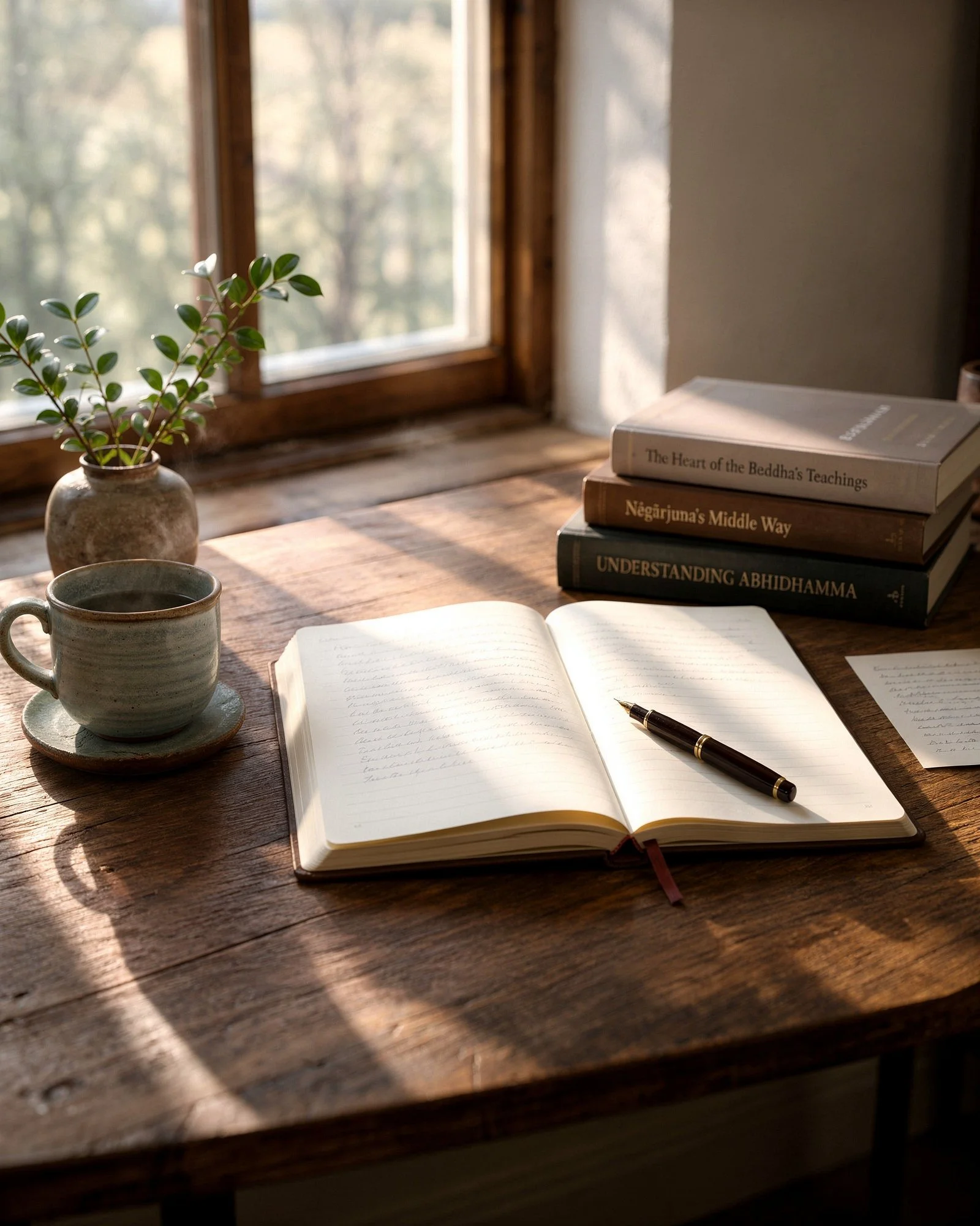 Books and journal on a wooden desk representing contemplative writing and reflection.