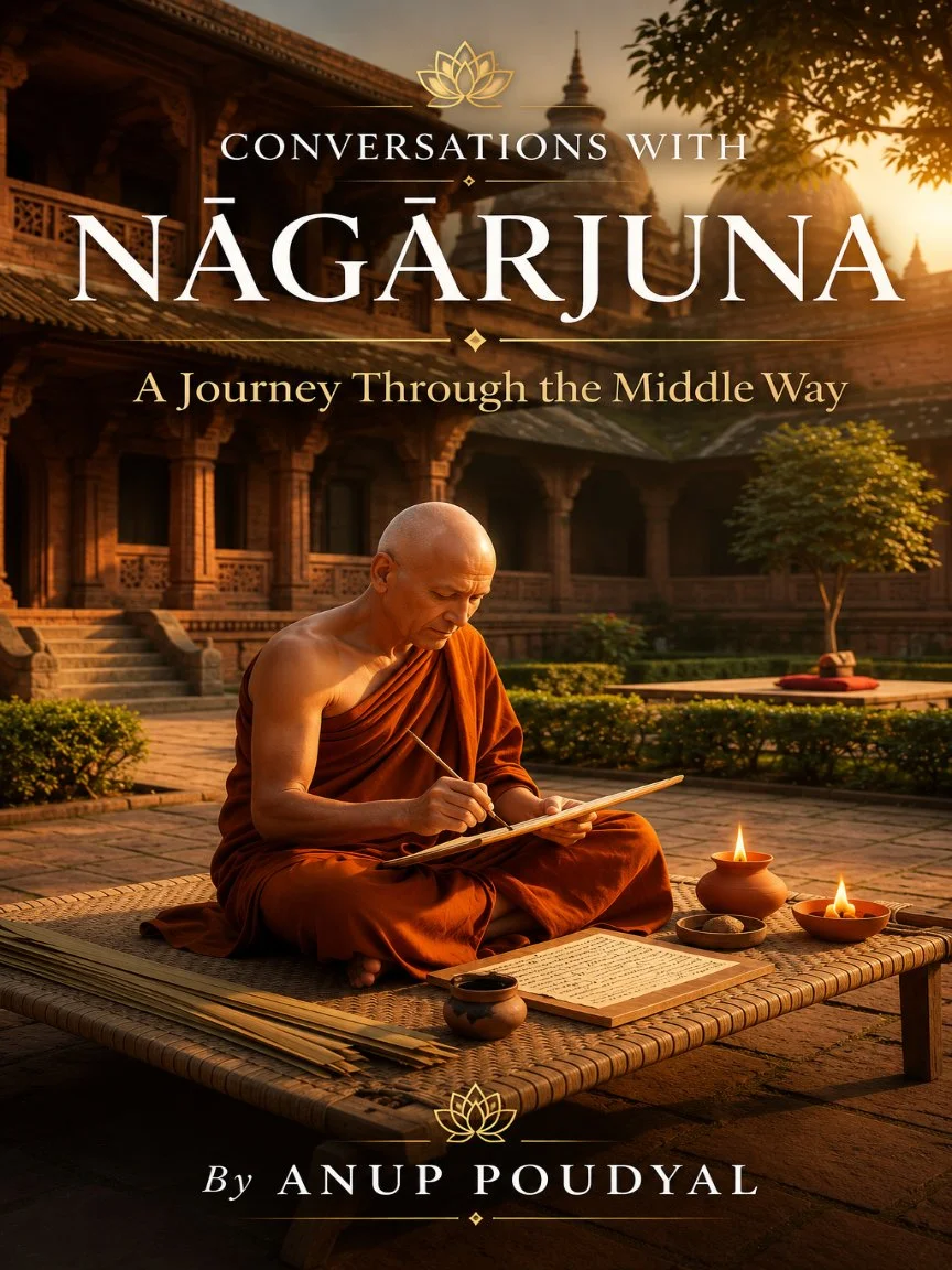 Monk writing in an ancient monastery courtyard representing Conversations with Nāgārjuna.