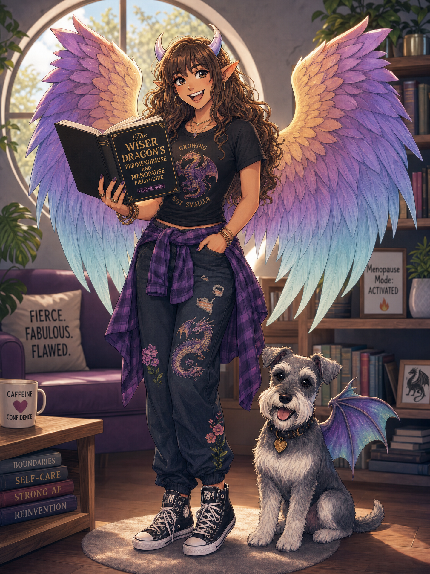 A girl with long curly brown hair, wearing a black t-shirt with a dragon and the words "Growing not smaller", ripped jeans with dragon embroidery, and a purple plaid shirt tied around her waist. She has dragon wings, purple horns, and elf ears, and is holding a book titled "The Wiser Dragon's Permenopause and Menopause Field Guide." She has various jewelry, and is standing next to a dog with dragon wings, in a cozy room with books, plants, and a window showing trees outside.