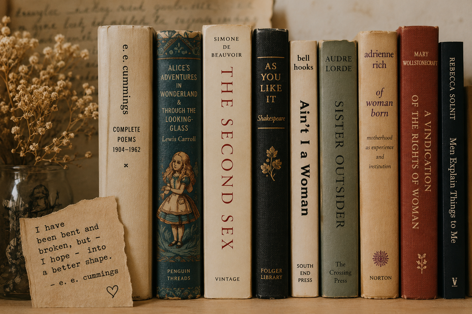 A shelf with several books, a vase with dried flowers, and a torn piece of paper with a quote. The books include titles such as 'Complete Poems 1904-1962', 'Alice's Adventures in Wonderland and Through the Looking-Glass', 'The Second Sex', 'As You Like It', 'Ain't I a Woman', 'Sister Outsider', 'Motherhood as Experience and Institution', 'A Vindication of the Rights of Woman', and 'Men Explain Things to Me'.
