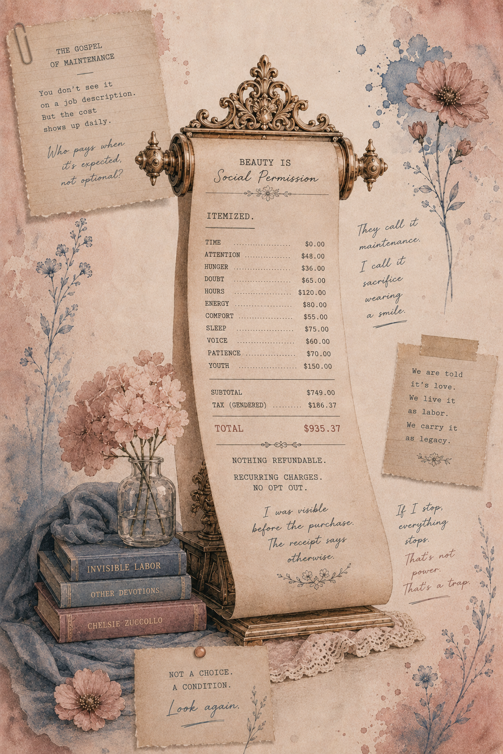 A decorative, vintage-style floral wall art with a fake receipt titled "Social Permission" listing various emotional and mental wellness items with prices, surrounded by pink and blue flowers, old books, and notes with inspirational quotes.