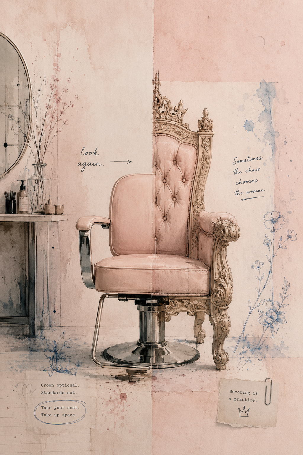 A vintage-style pink throne chair with ornate carving details, placed in front of a textured pink and white wall with handwritten quotes. To the left, there is a small table with toiletries and a tall glass vase with decorative branches. The overall aesthetic is elegant and shabby chic.