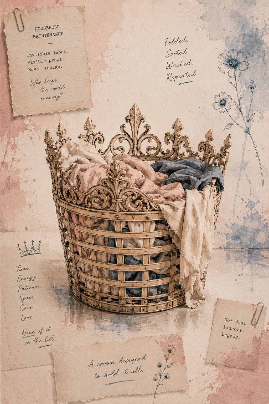 A decorative basket filled with colorful laundry clothes. The background has handwritten notes about household chores and quotes.