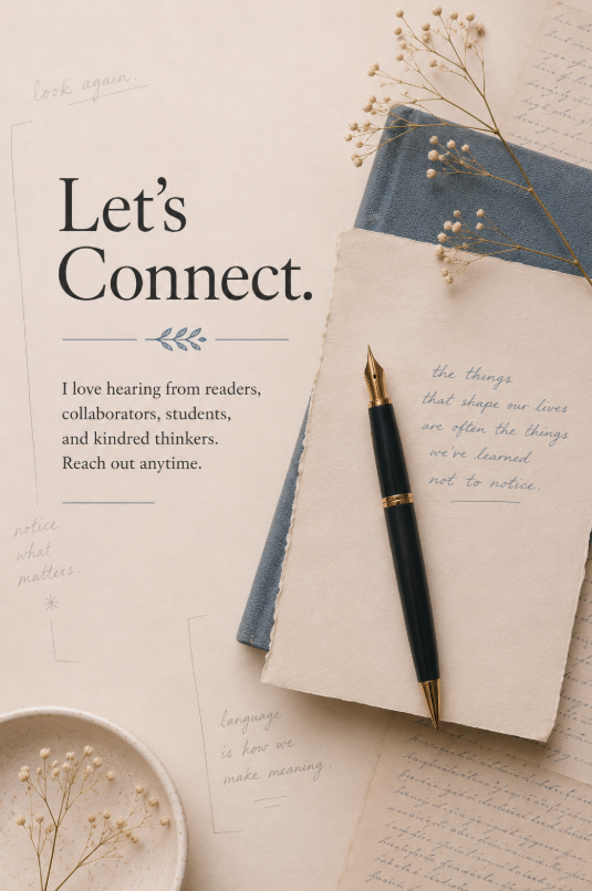 A notebook with handwritten text, a pen, dried flowers, and papers with notes on a beige background.