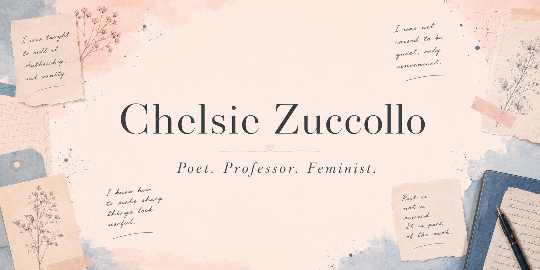 A decorative background with torn paper notes and a closed book. The notes have handwritten quotes, and the central text reads 'Chelsie Zuccollo, Poet. Professor. Feminist.' in large font.