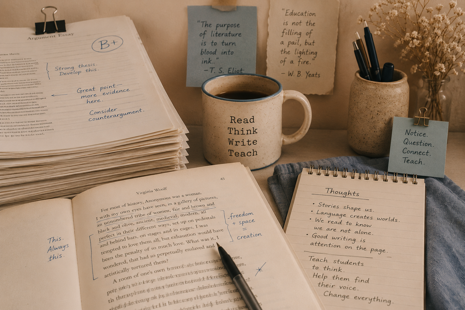Desk with open book, stack of papers, notebook, pen, mug with motivational words, note cards with quotes, and a container with pens, emphasizing reading, thinking, writing, and teaching.