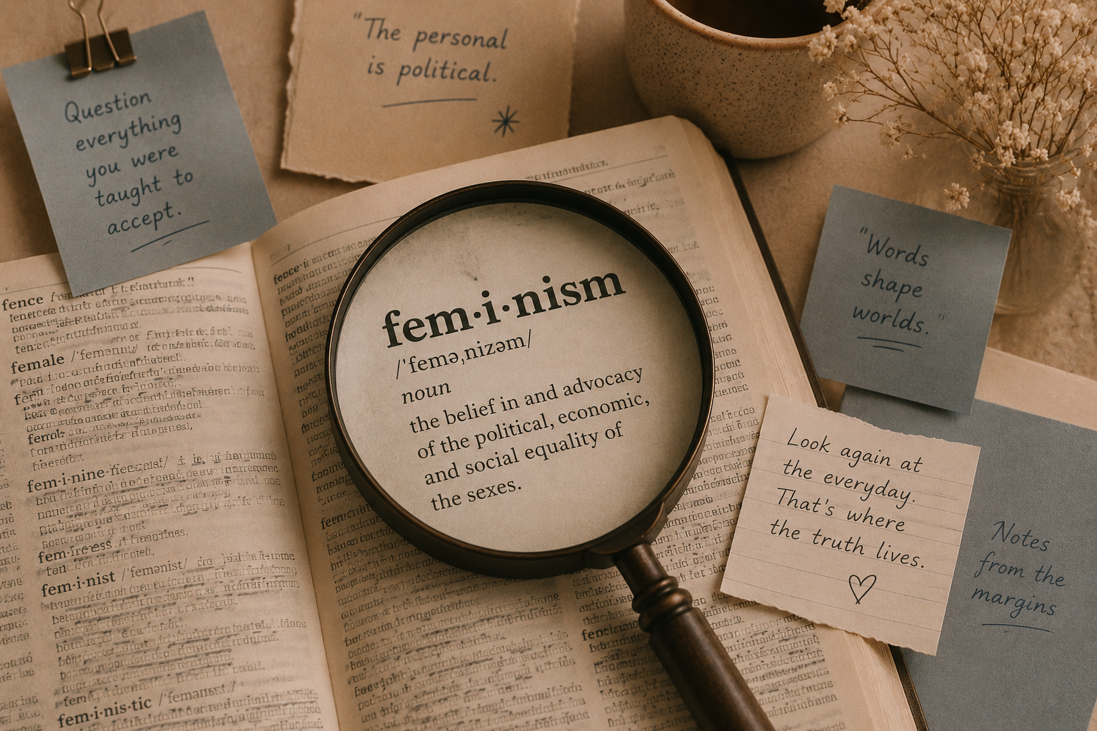 An open book with the word 'feminism' defined under a magnifying glass. Surrounding notes and quotes about feminism and acceptance, including a blue note with 'Question everything you were taught to accept.', a torn paper note that says 'The personal is political.', a quote on a blue sticky note 'Words shape worlds.', and a handwritten note 'Look again at the everyday. That's where the truth lives.' with a small heart. There is also a mug, a small vase with white flowers, and some paper notes on the table.