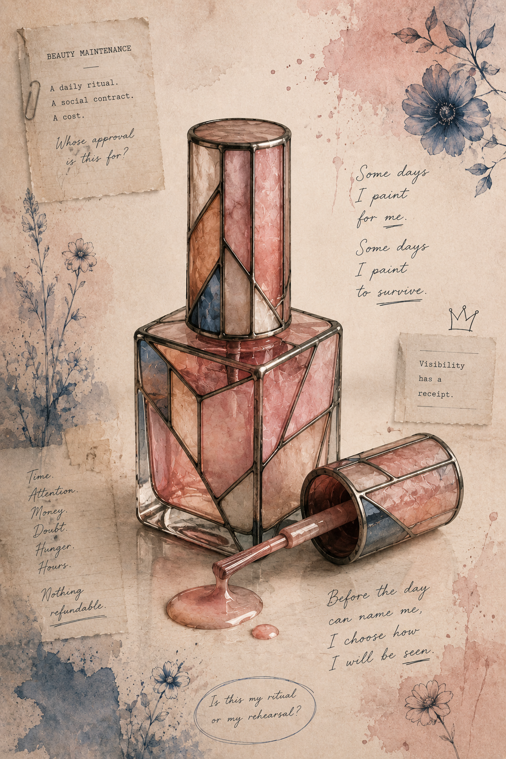 A stained glass nail polish bottle with pink, blue, and orange colors, with some nail polish spilled, surrounded by floral illustrations, handwritten notes about beauty rituals, and poetic quotes about self-care.