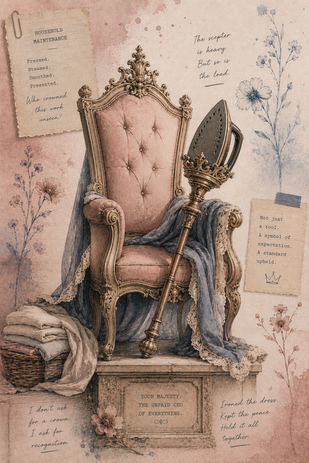 A vintage pink and gold ornate throne-like chair with a blue drape and an iron behind it. The background features floral patterns and handwritten notes about household maintenance and authority.