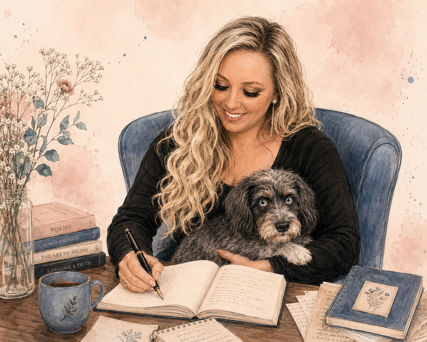 A woman with long, curly blonde hair sitting at a desk, holding a small gray curly-haired dog on her lap, smiling and writing in a journal. The desk has a blue cup, a vase with flowers, a stack of books, and notebooks. The background has a pink watercolor texture.