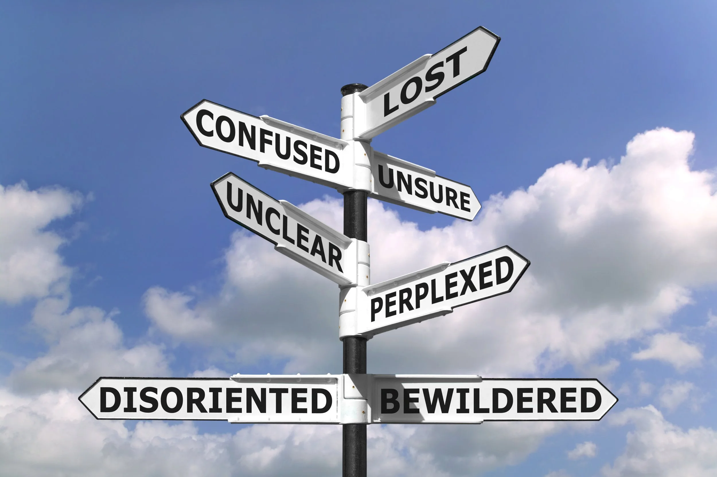 Directional signpost with signs reading “Confused,” “Lost,” “Uncertain,” “Disoriented,” “Bewildered,” and “Perplexed” against a blue sky.