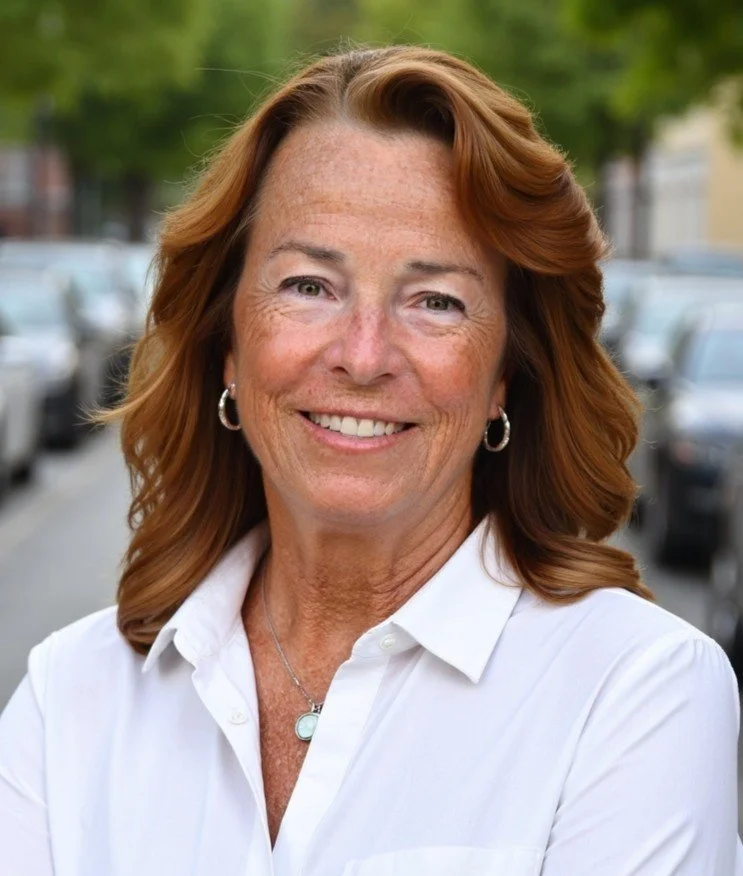 Smiling woman in a white collared shirt, standing outdoors on a tree-lined street.