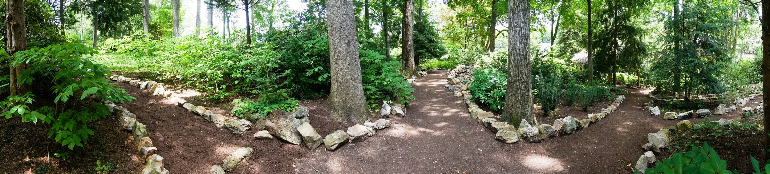 A wooded garden with three walking paths lined with rocks, surrounded by green trees and bushes, with sunlight filtering through the leaves.