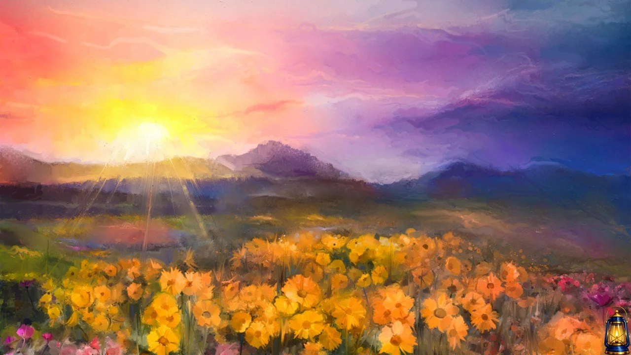 A colorful digital painting of a field of yellow and pink flowers under a vibrant sky at sunset, with mountains in the background and the sun's rays shining through clouds.
