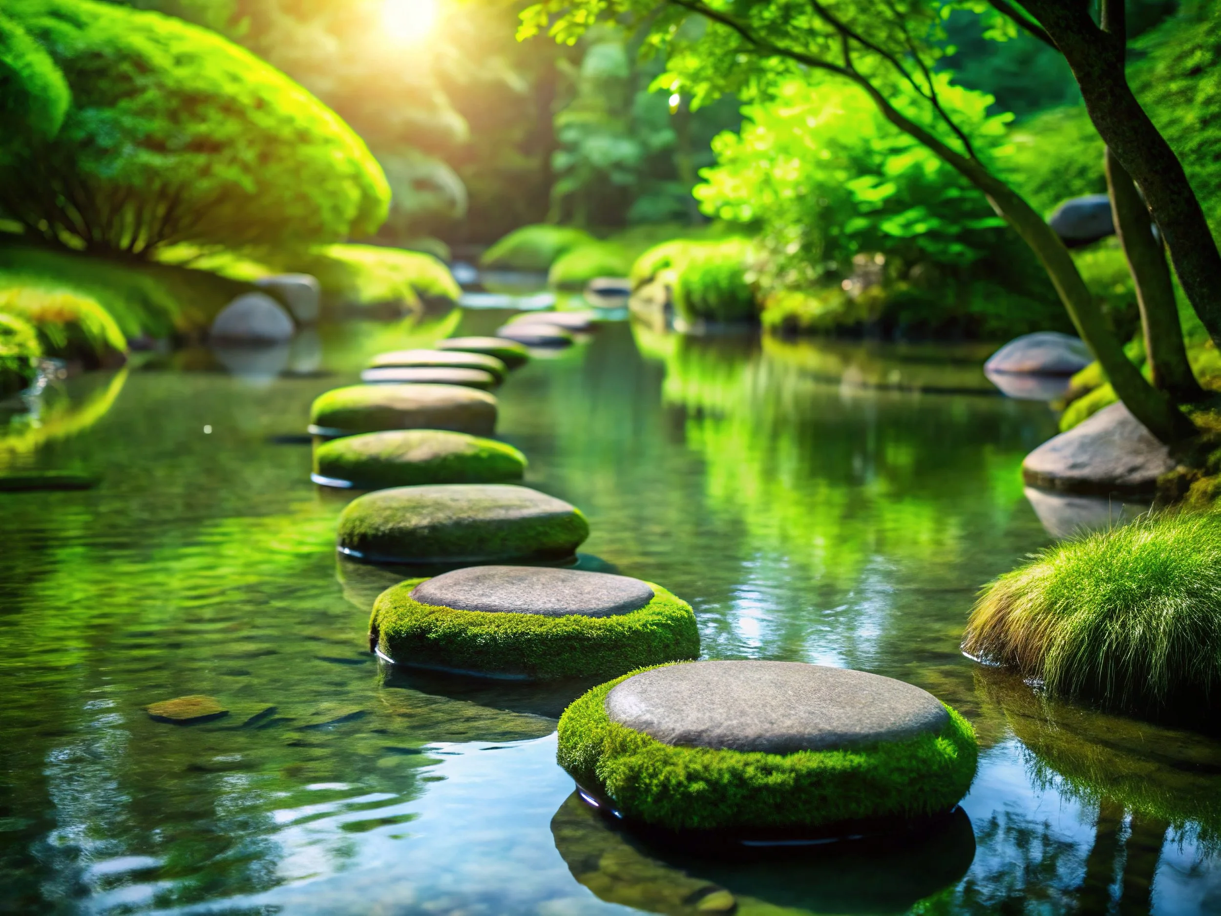 A peaceful forest scene with a small stream and round stepping stones covered in green moss, sunlight filtering through lush green trees.