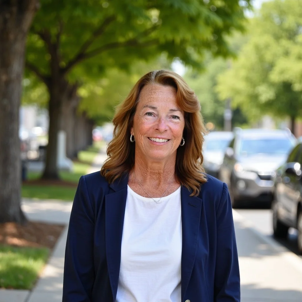 Smiling woman in a navy blazer standing outdoors on a tree-lined street.