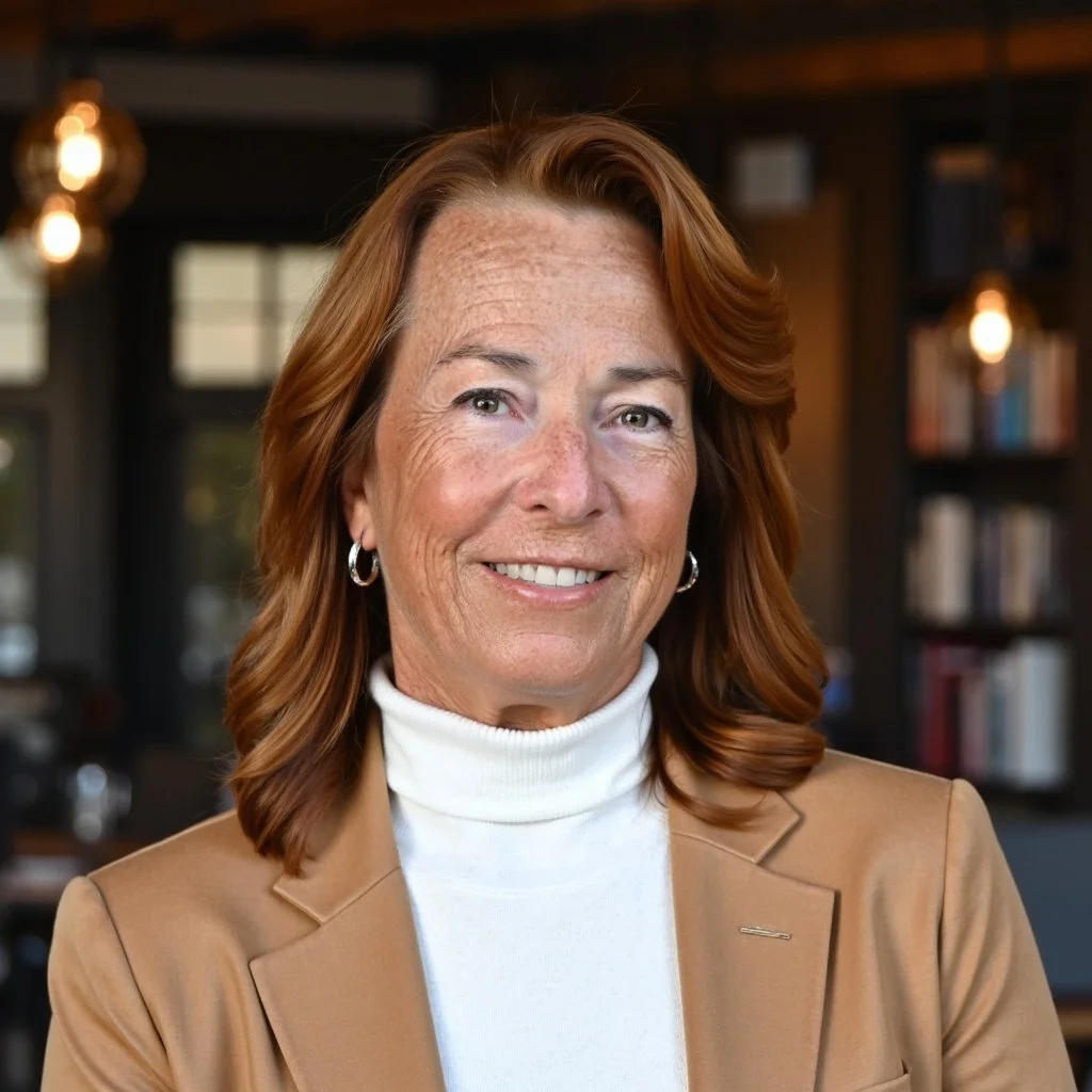 Smiling woman in a tan blazer and white turtleneck, seated in front of bookshelves.