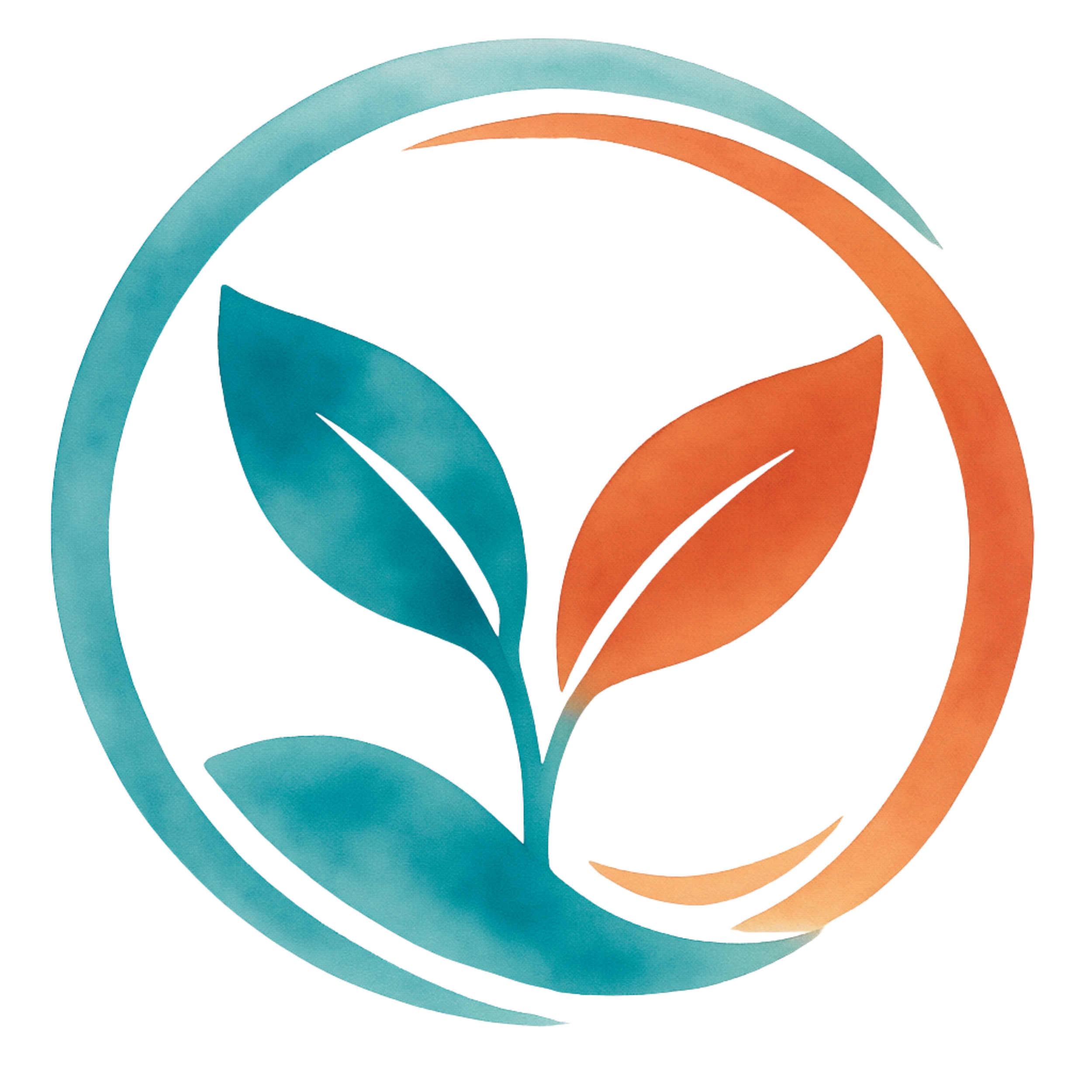 Colorful abstract circular design with intertwining bands in shades of blue, orange, and green against a black background.
