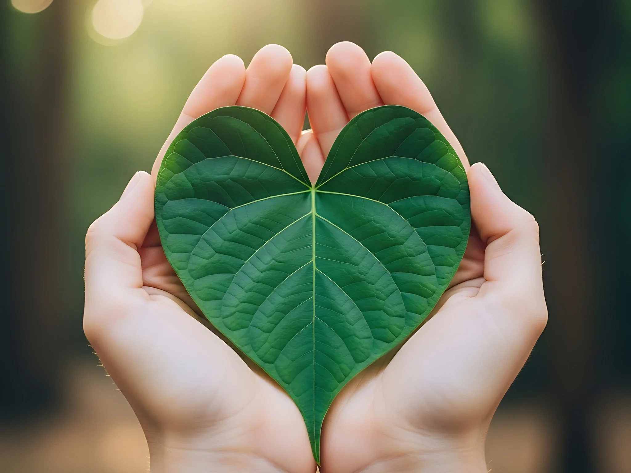 Two hands holding a large green heart-shaped leaf.