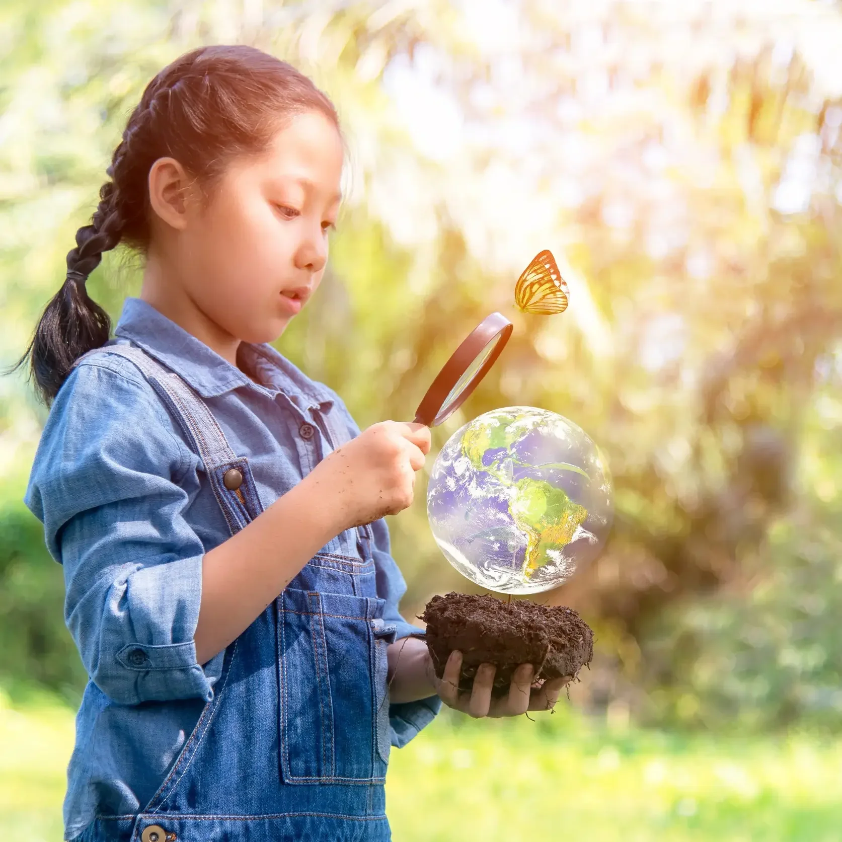 Young girl wearing denim overalls and a light shirt observing a butterfly near a soap bubble on a small patch of soil outdoors.