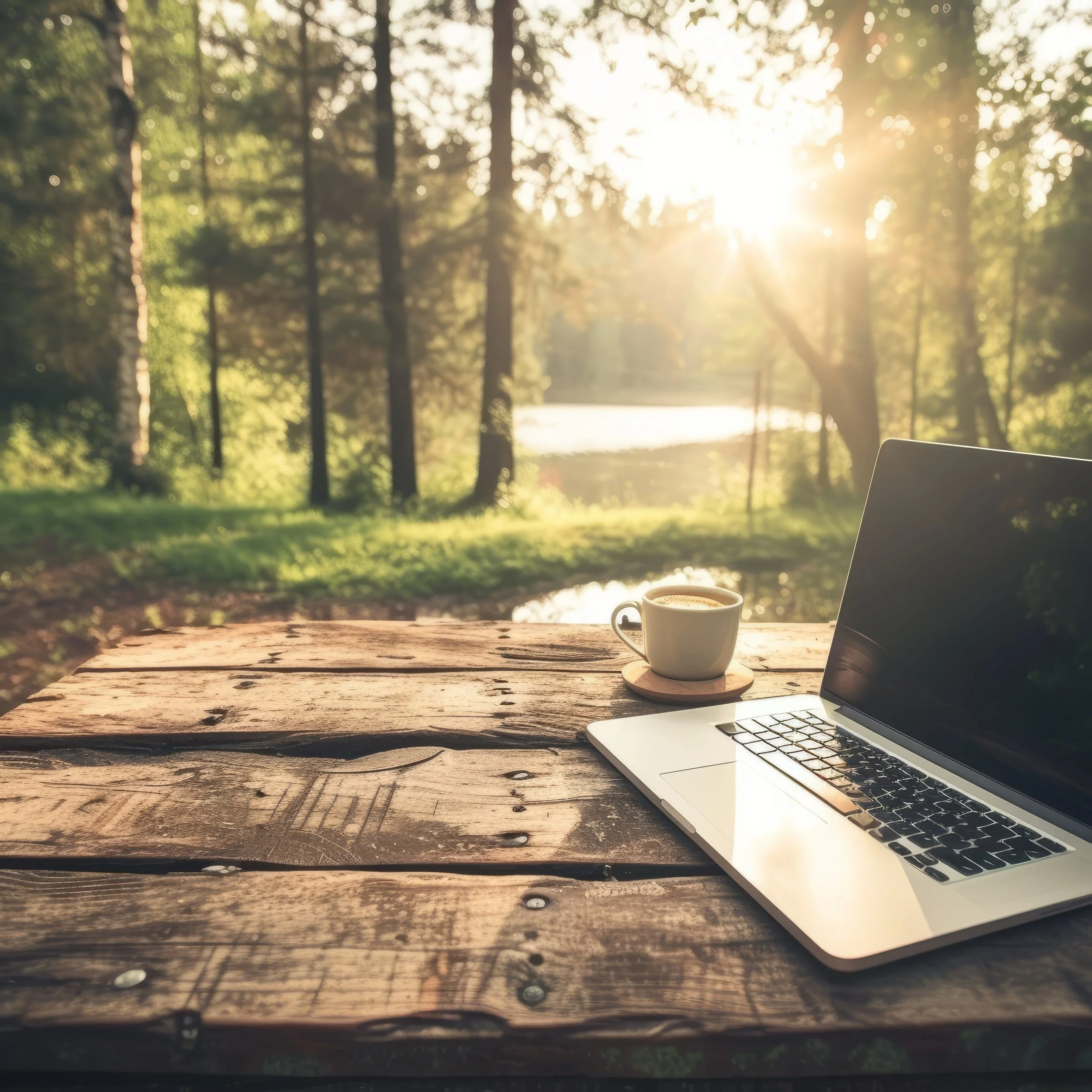 A laptop and a cup of coffee on a rustic wooden table outdoors, with sunlight filtering through trees in the background.