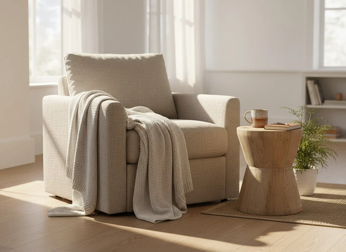 A cozy armchair, side table with a mug and journal, and a houseplant in a sunlit room, representing online therapy across Canada.