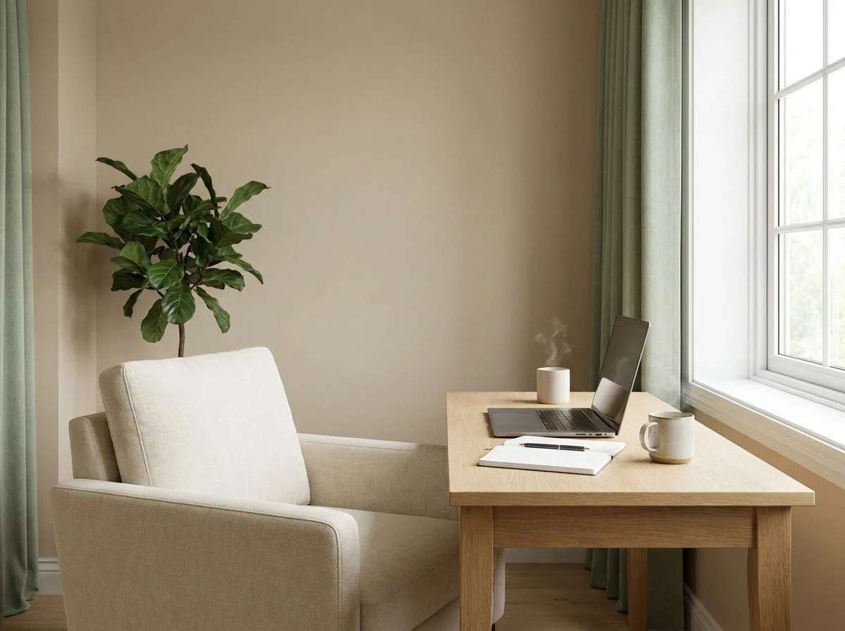 A private, sunlit room with an open laptop, armchair, and mug, ready for a secure online therapy session across Canada.