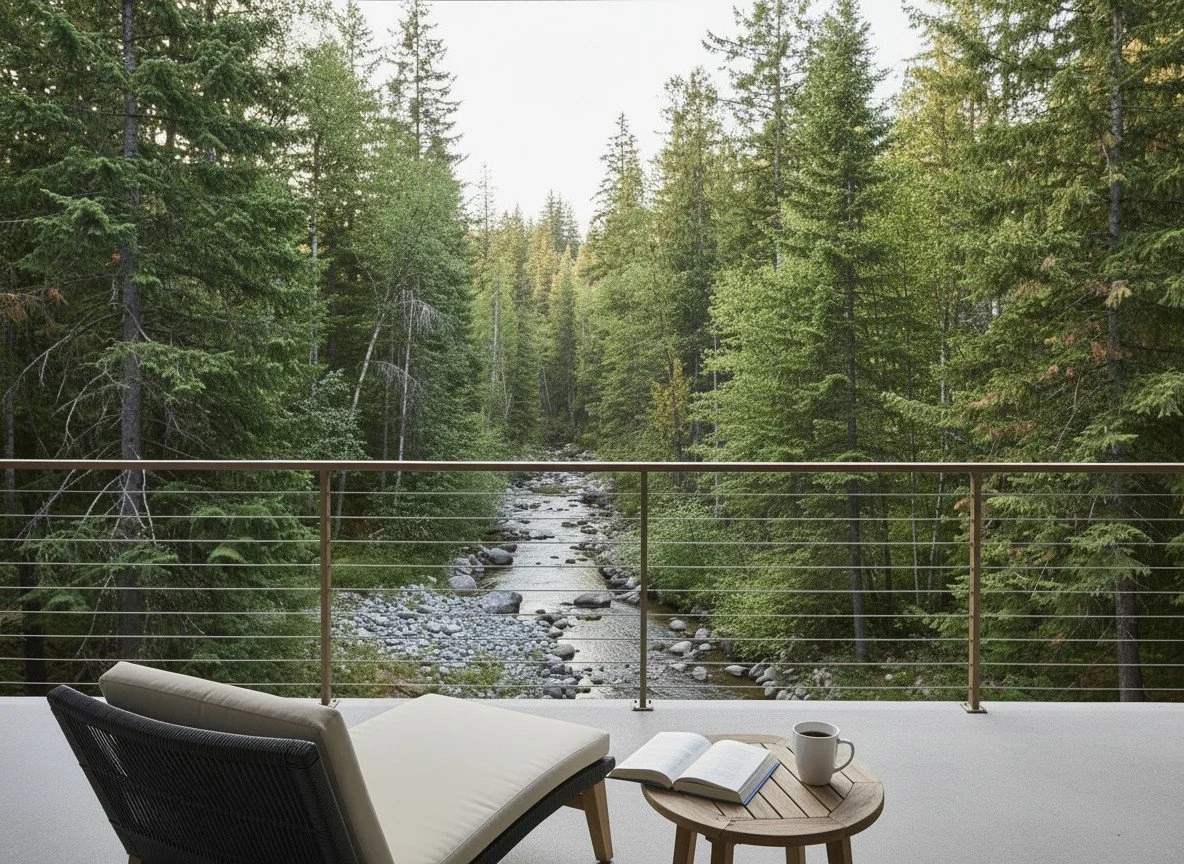 A modern balcony overlooking a forest, representing the calm environment of Shelmar Haven Therapy's online practice across Canada.