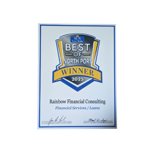 Certificate of award for 'Best of North Port' 2025, awarded to Rainbow Financial Consulting for financial services and loans, sponsored by Sun News Media.