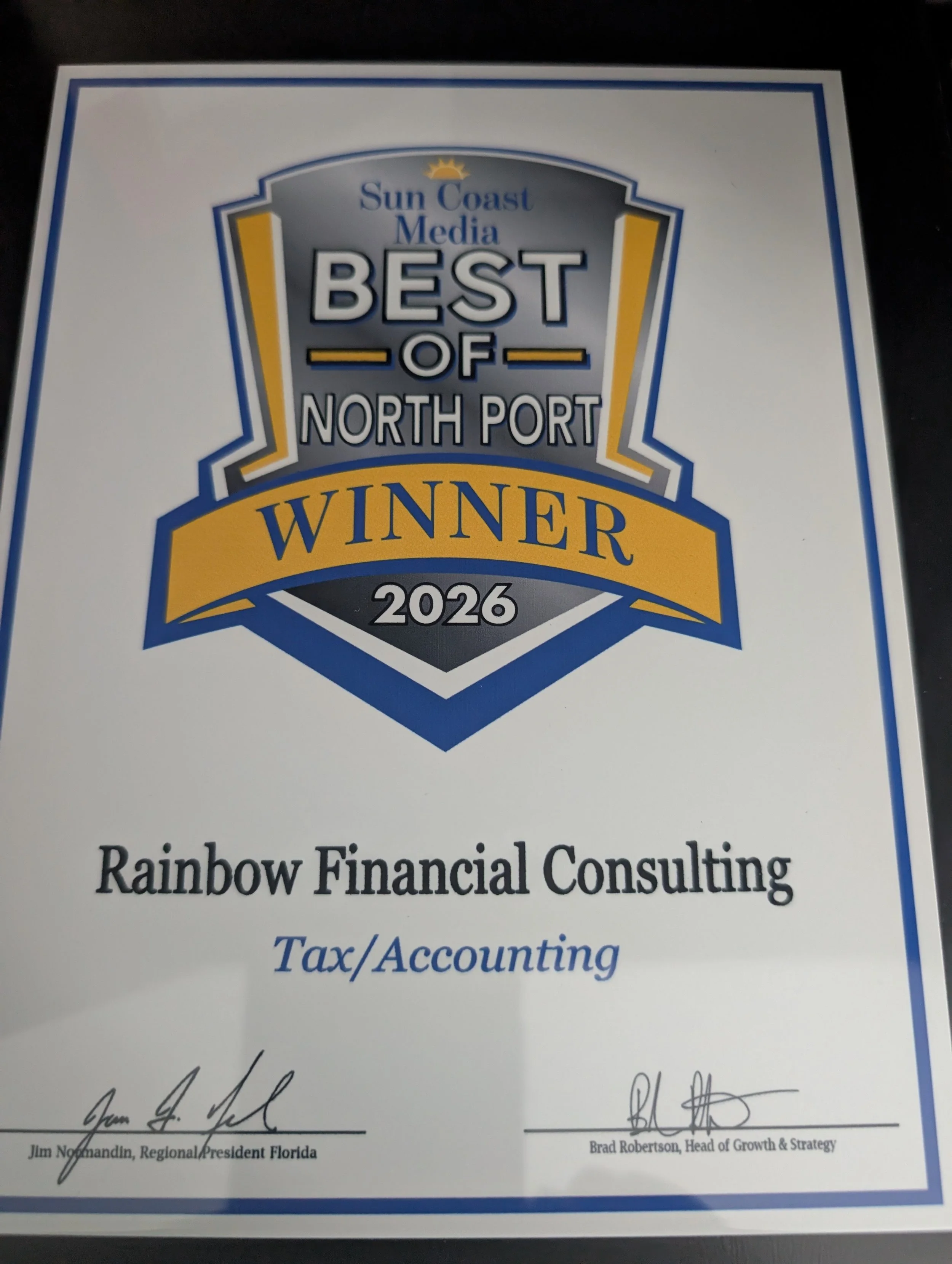 Certificate of award plaque for 'Best of North Port Winner 2026' awarded to Rainbow Financial Consulting for Tax/Accounting.