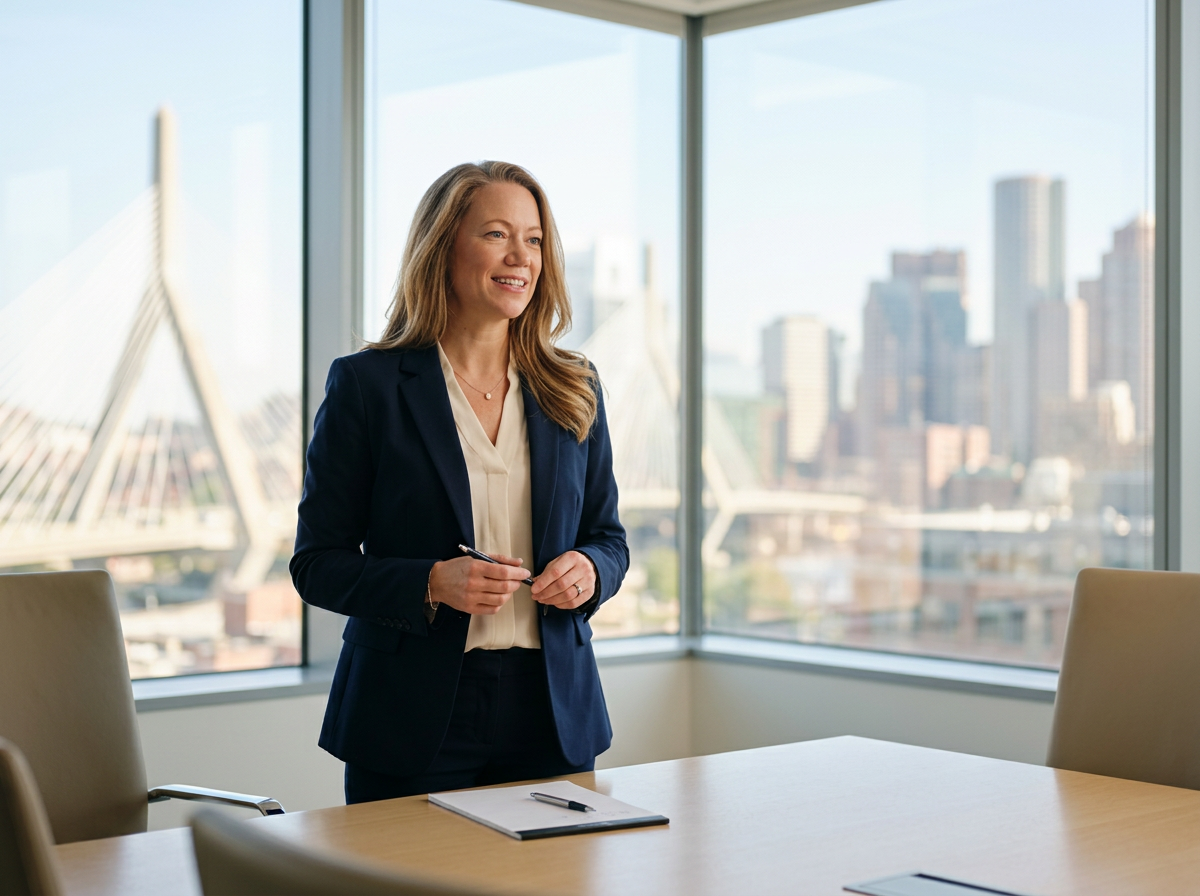 Rachel Krompinger standing in a Boston conference room, city skyline visible through the windows