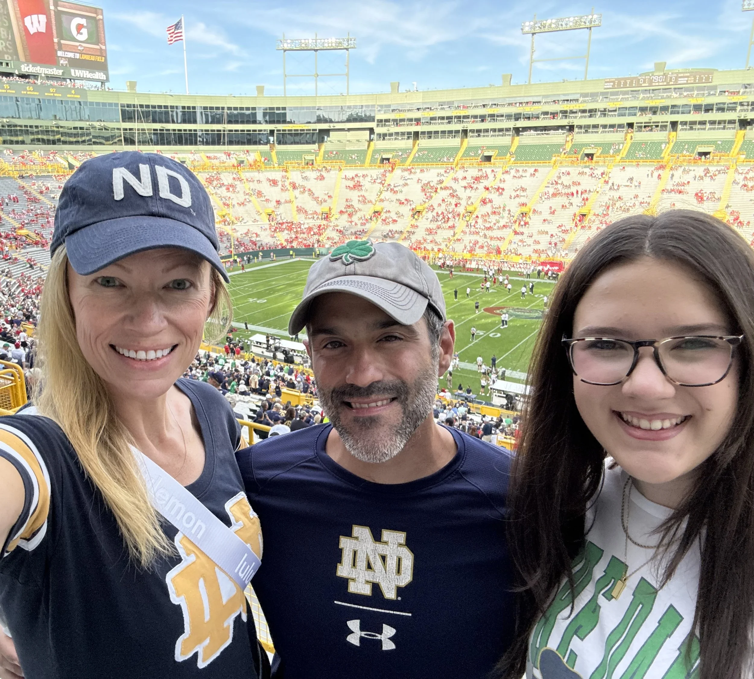 Rachel Krompinger with Jason and Maddy at a Notre Dame football game