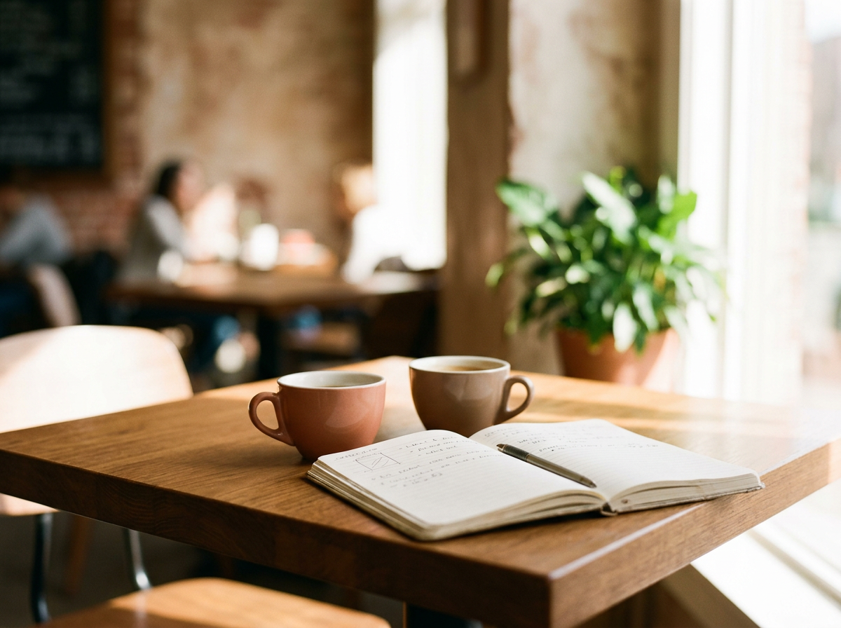 Open notebook and two coffee cups on a café table, representing Through Line Advisory coaching