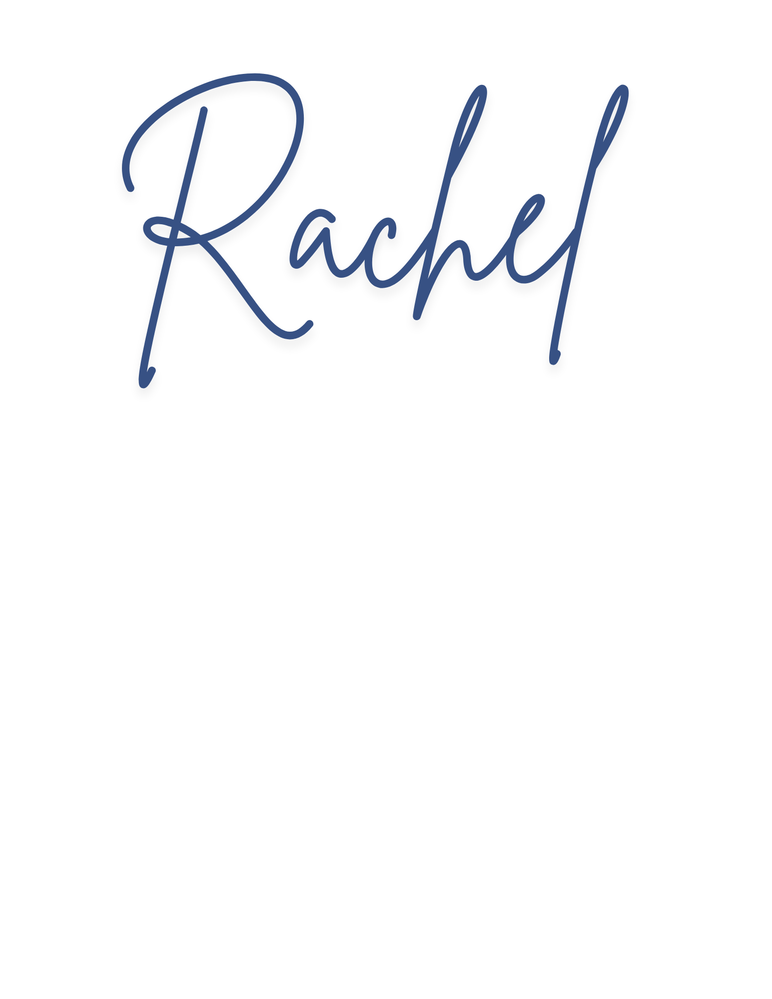 Black background with the name 'Rachel' written in elegant dark blue cursive font.
