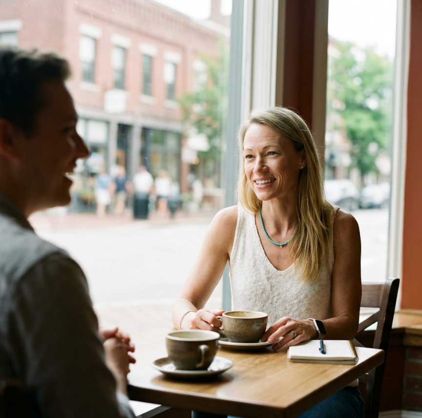 Executive Function Coach and client in conversation over coffee at a local café, notebook and coffee cups on the table