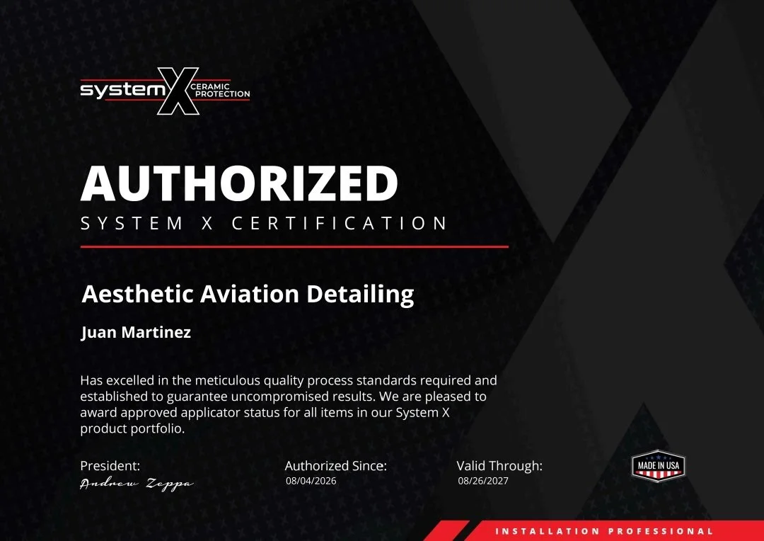 Certificate of authorization for Aesthetic Aviation Detailing from System X Certification, in chicago