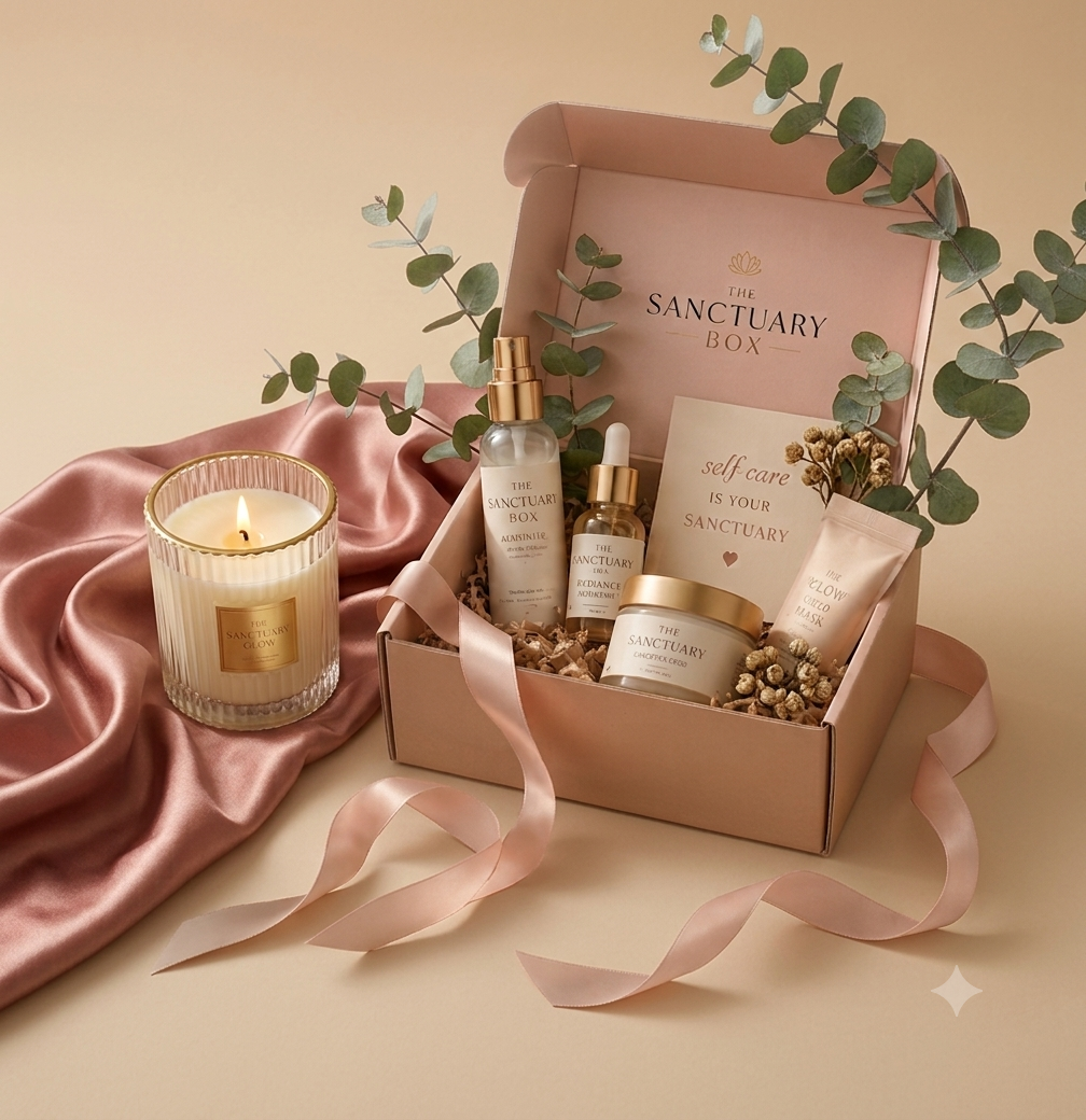 A pink Sanctuary Box gift set with skincare products, greenery, and a lit candle on satin fabric.