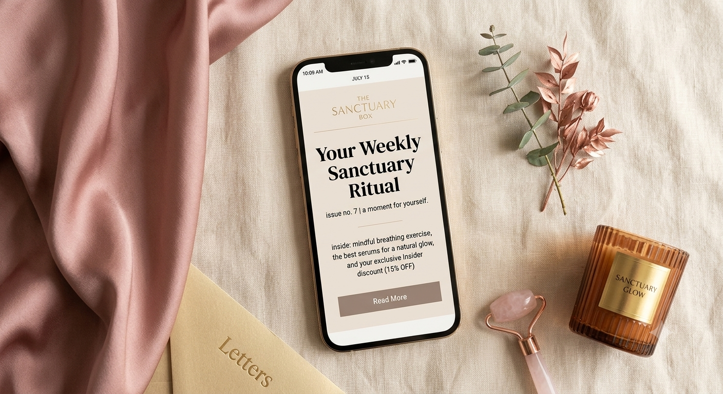 A flat lay of a smartphone displaying a weekly sanctuary ritual newsletter, a pink satin fabric, a sprig of green and pink leaves, a pink stone roller, a brown candle with a gold label reading Sanctuary Glow, and a yellow card with the word Letters on it, arranged on a light beige fabric surface.