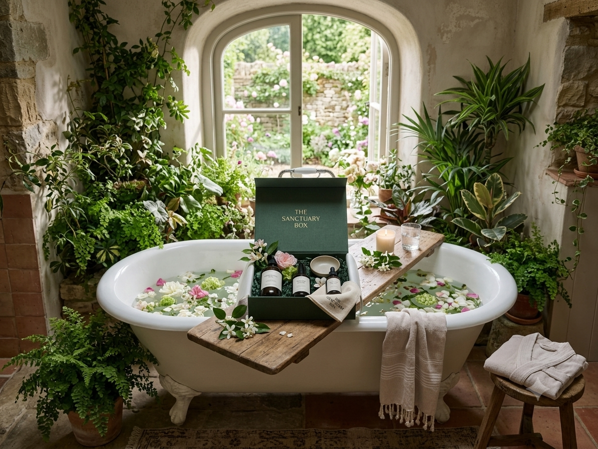 A vintage-style white bathtub filled with water and floating flower petals, set in a rustic bathroom with lush green plants surrounding it. A wooden plank across the tub holds a box labeled 'The Sanctuary Box' with bottles, candles, and flowers, and there's a candle and glass of water nearby. Towels are draped over the edge and on a small stool beside the tub.