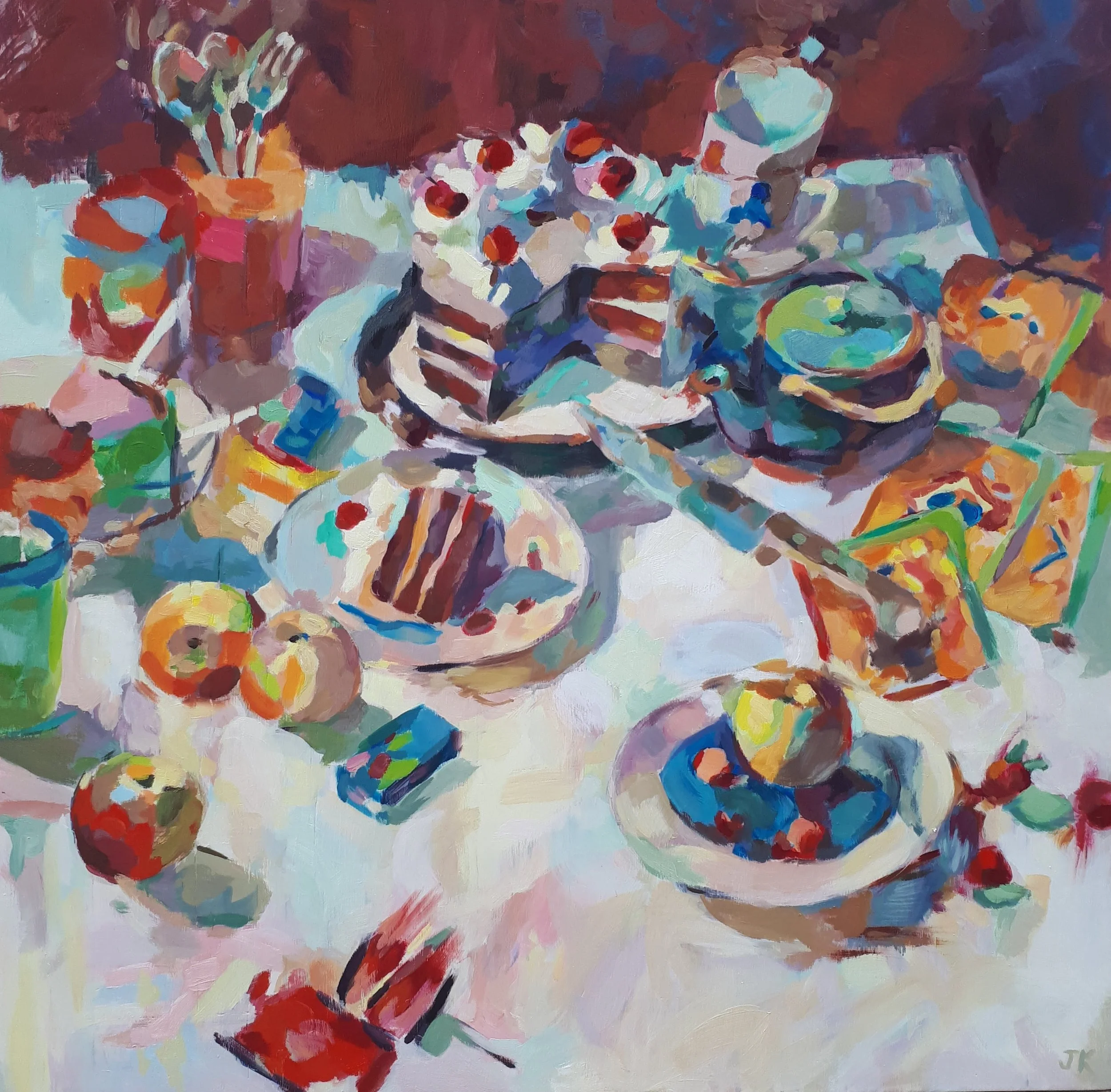 A colorful abstract painting of a still life arrangement, including a vase with flowers, a bowl, and other objects on a table, with vibrant brushstrokes and a mix of warm and cool colors.