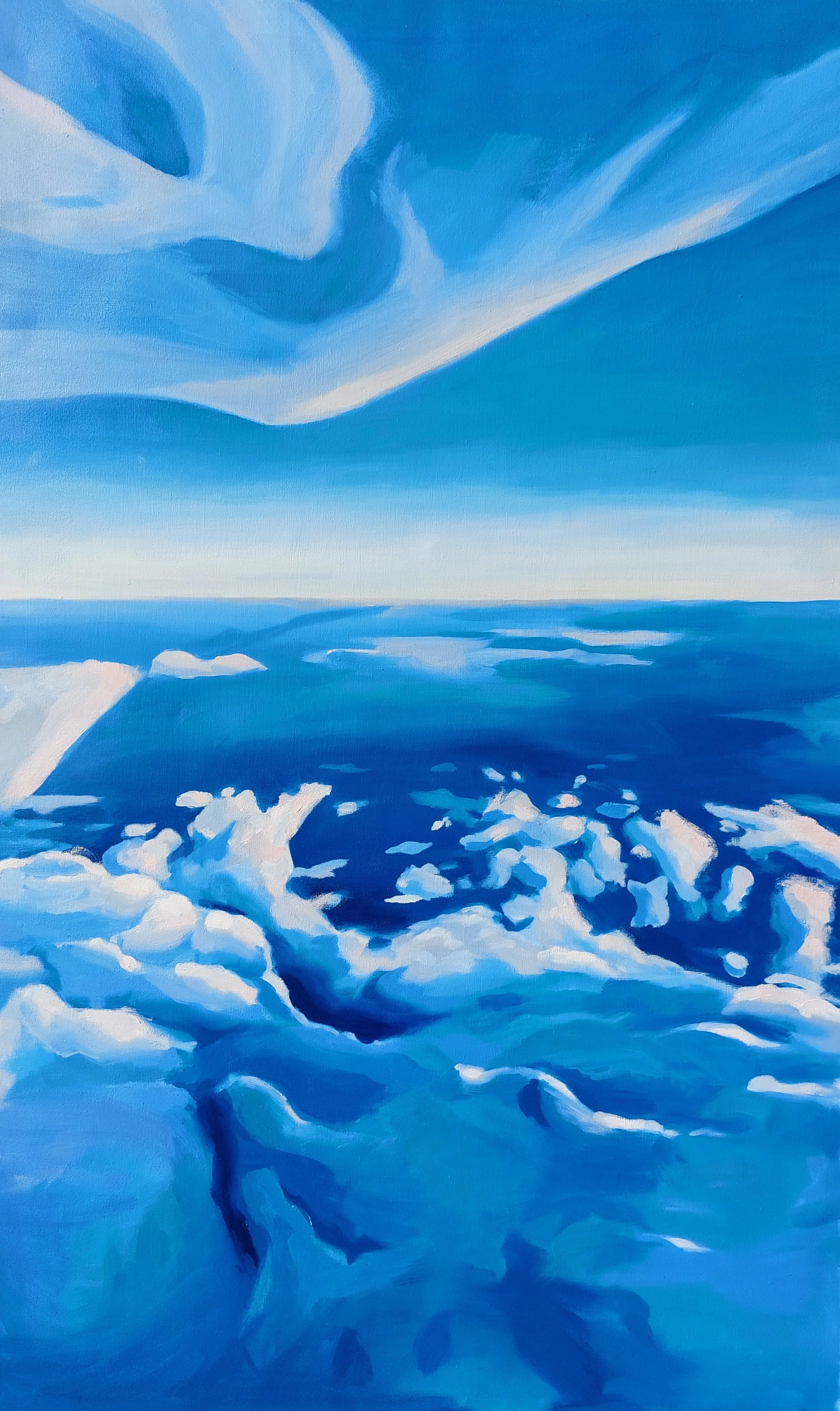 An abstract painting of a snowy landscape with mountains and a bright sky, rendered in shades of blue and white.
