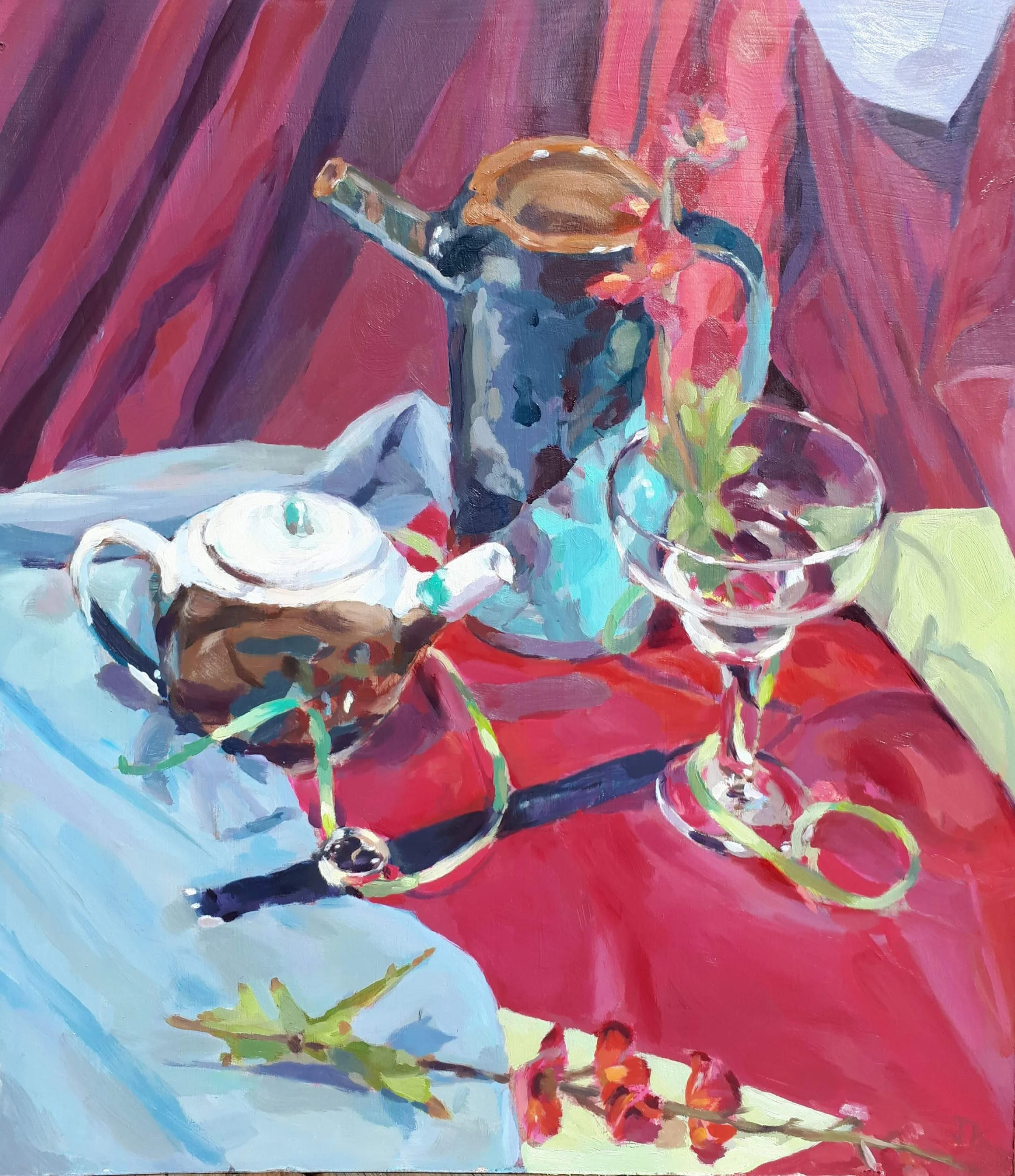 A colorful still life painting of a table with a milk jug, a teapot, a plate with a bread roll, and a vase with pink flowers, set against a red curtain background.