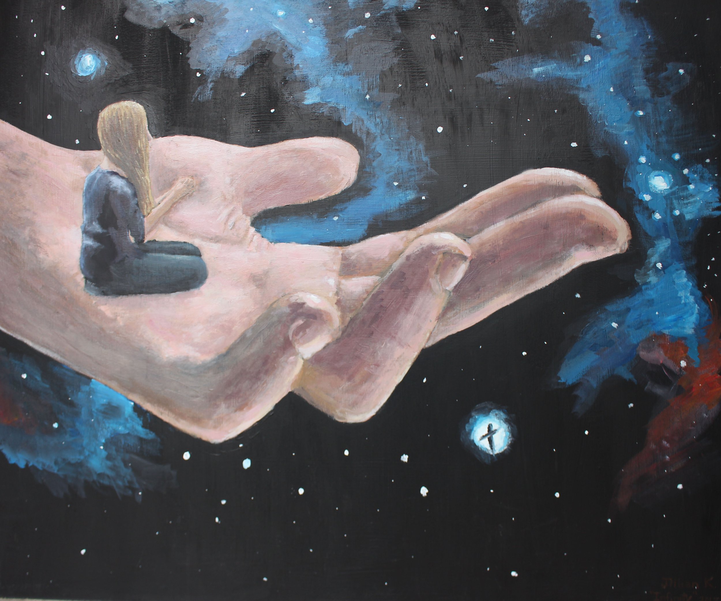 Painting of a hand holding a small cross in space, surrounded by stars, with nebulae in the background.
