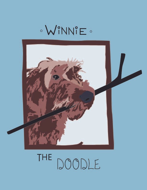 A digital illustration of a brown doodle dog with a stick in its mouth, framed by a brown border, with the text 'Winnie the Doodle' above and below the frame. Blue background.