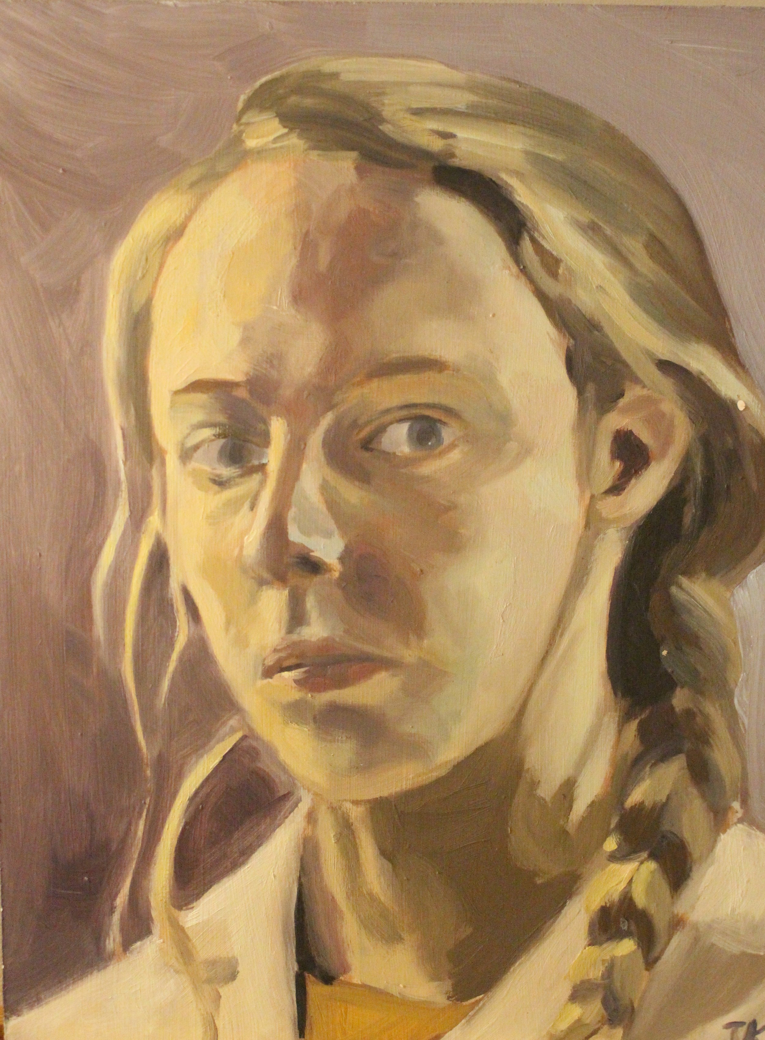 A close-up oil painting of a woman with blonde hair, wearing a yellow shirt.