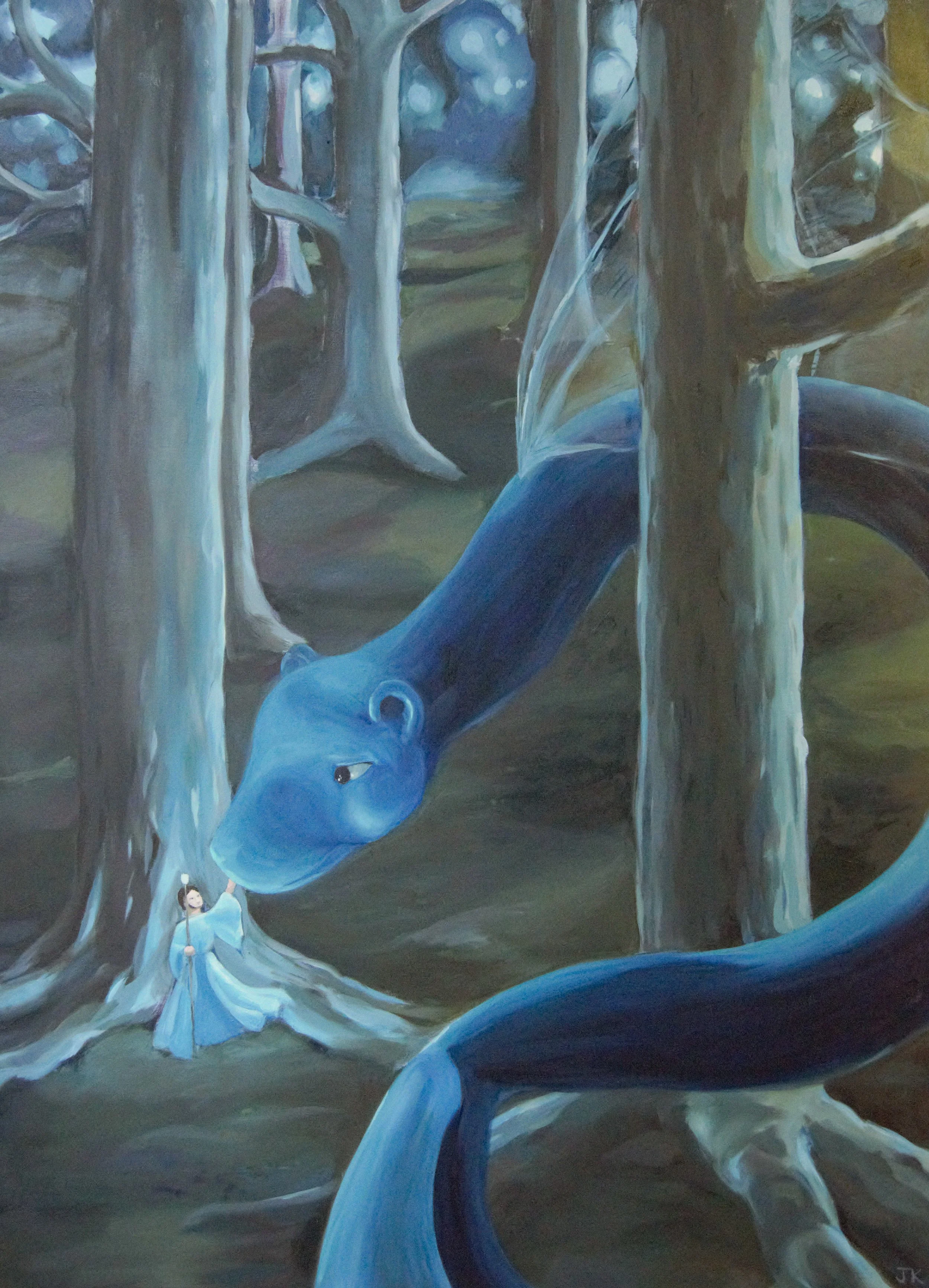A surreal painting of a forest scene with several tall trees with white bark, a blue river winding through the forest, and a woman in a blue dress standing near one of the trees. The overall mood is mysterious and fantastical.