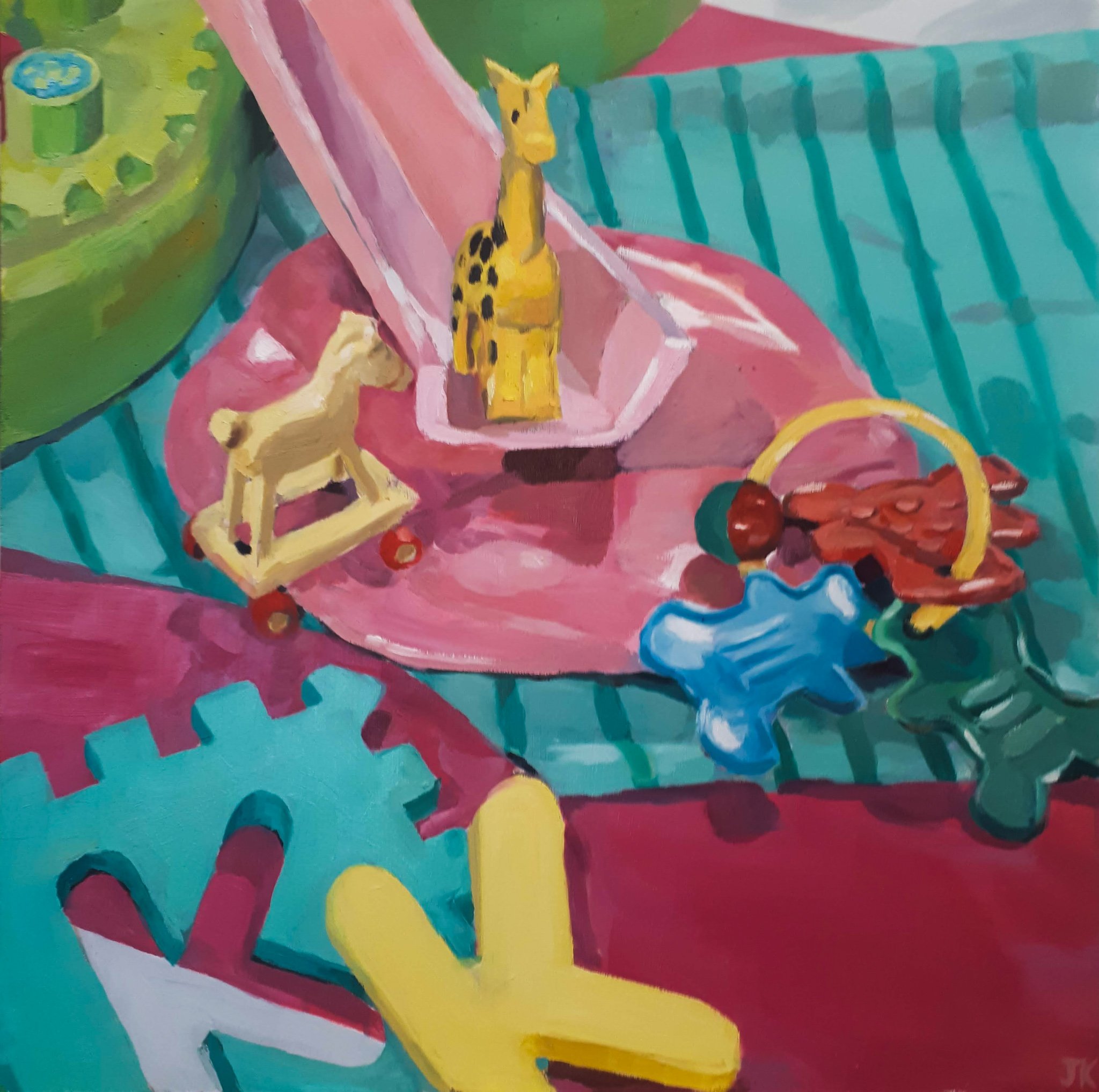 Colorful abstract painting with various shapes, including a yellow giraffe-like figure with black spots, set against a vibrant background of pink, blue, green, and yellow with dotted and striped patterns.